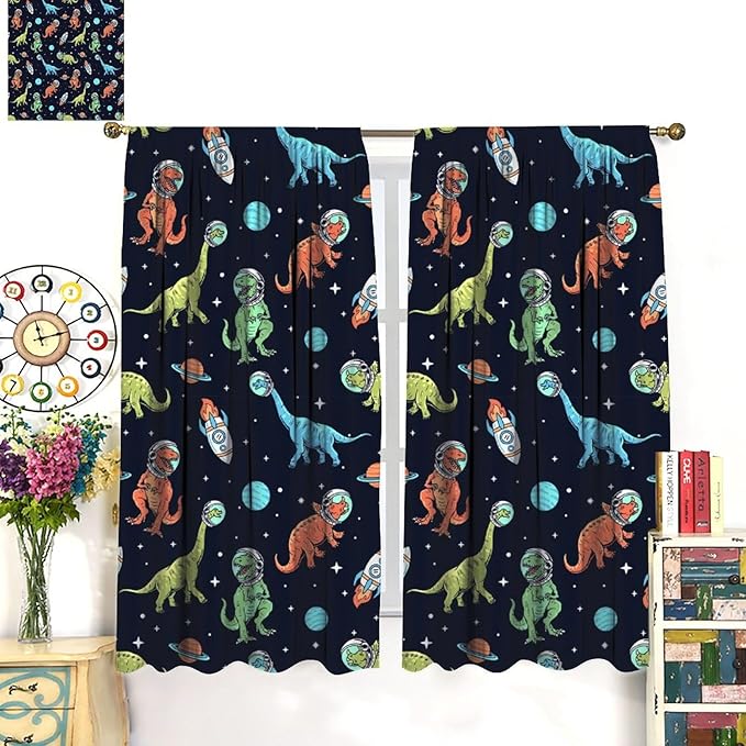 Cartoon Dinosaur Curtains for Kids Boys Girls Home Decor, Astronaut Rocket Funny Outer Space Blackout Rod Pocket Window Drapes for Bedroom Living Room W21xL45in Decor