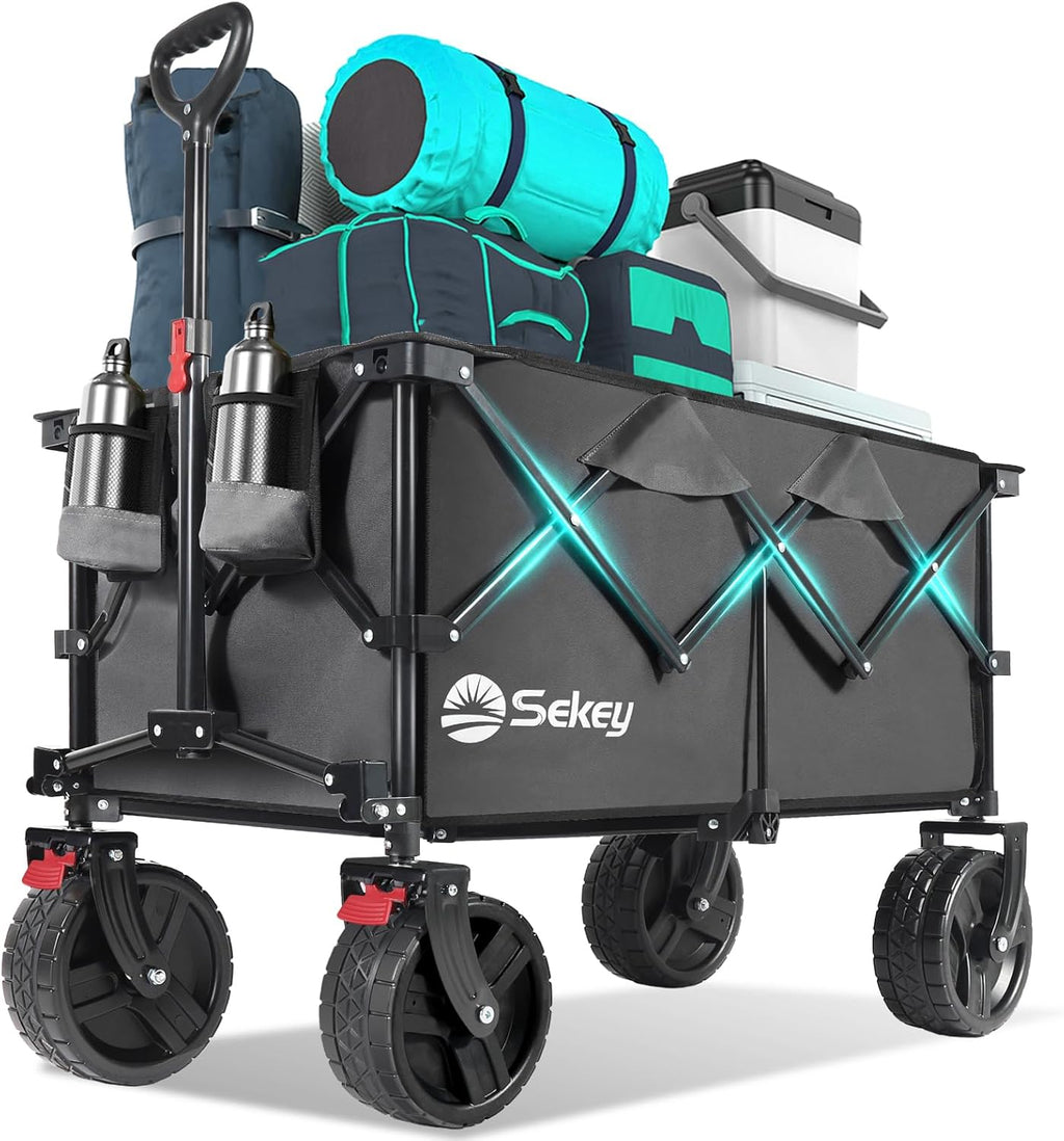 Collapsible Wagon Cart with Big All-Terrain Beach Wheels, Foldable Heavy Duty Wagons with Cup Holders, Utility Carts for Camping, Garden, Outdoor, Grocery, Sports. Grey