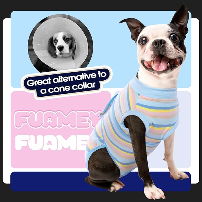FUAMEY Recovery Suit for Dogs After Surgery,Soft Breathable Dog Bodysuit E-Collar & Cone Alternative Surgical Suit,Male Female Dog Neuter Spay Suits Anti Licking Wounds Onesie Blue Yellow Stripes XXL