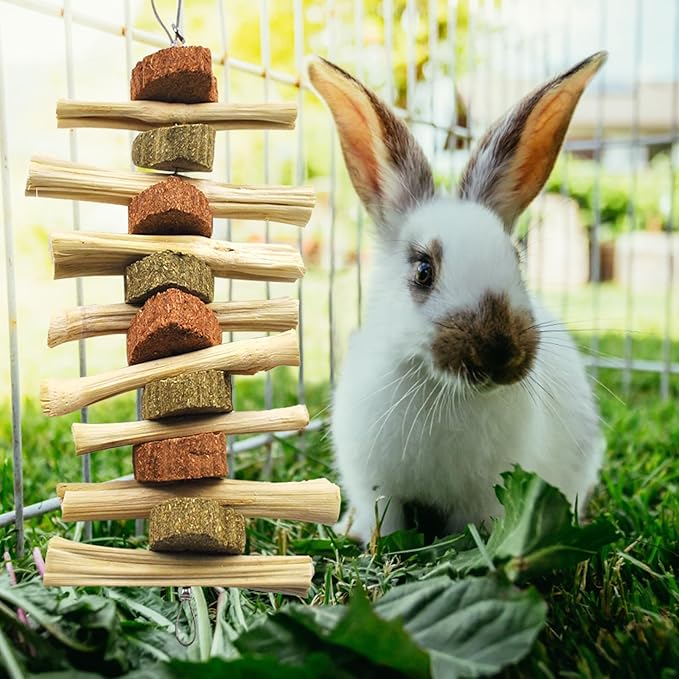 kathson 4 Pcs Bunny Chew Toys for Teeth,Rabbit Hanging Chew Toy Grinding Natural Sweet Bamboo Sticks with Timothy Hay Grass and Carrot Cake for Improve Rodent Small Animals Dental Health