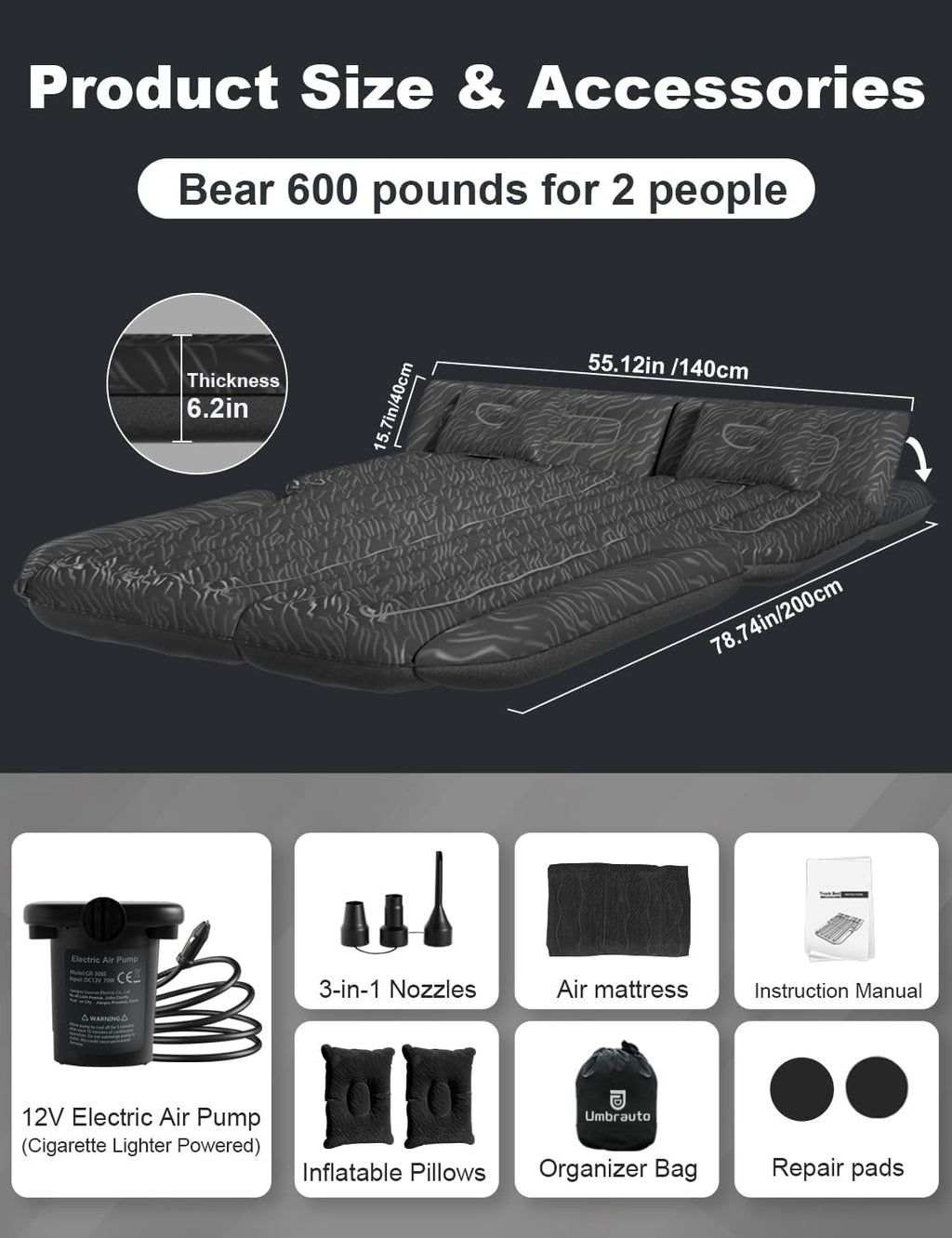 Umbrauto 63in Extended SUV Mattress Quick Inflate, Includes Pump & 2 Pillows,Black