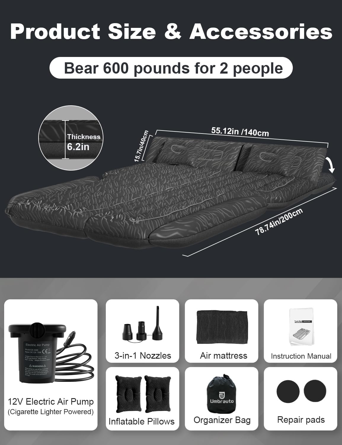 Umbrauto 63in Extended SUV Mattress Quick Inflate, Includes Pump & 2 Pillows,Black