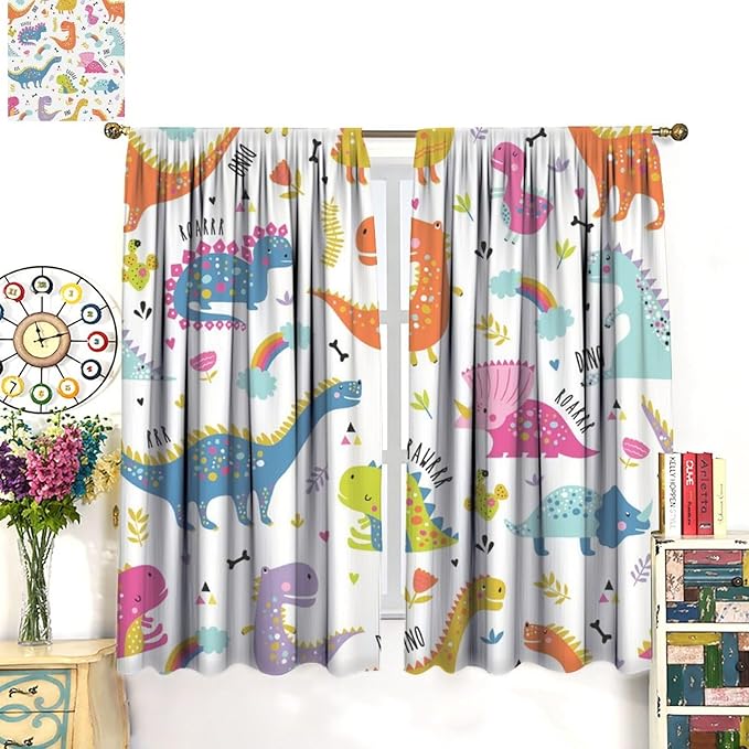 Cartoon Dinosaur Curtains for Kids Boys Girls Home Decor Childish Cute Dino Animals Print Pattern Rod Pocket Blackout Window Drapes for Nursery Baby Bedroom Playroom W26xL84in 2 Panels