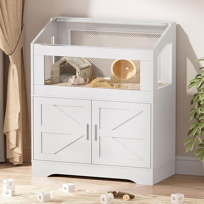 PAKASEPT Hamster Cage, Small Animal Cages with Storage Cabinet, Visual and Ventilated Large Habitats Hamster House for Rat, Guinea Pig, Hedgehog, Gerbil, White