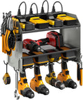 CCCEI Modular Power Tool Organizer Wall Mount with Charging Station. Garage 4 Drill Storage Shelf with Hooks, Drill Bit Heavy Duty Rack, Grey Tool Battery Holder Built in 8 Outlet Power Strip.