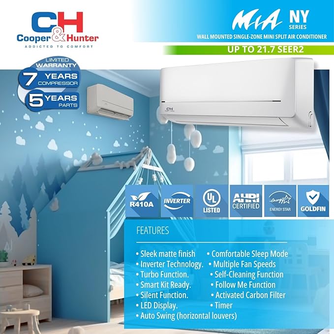 Cooper & Hunter 24,000 BTU, 230V, 17 SEER Ductless Mini Split AC/Heating System Pre-Charged Inverter Heat Pump with 16ft Installation Kit
