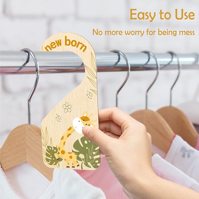 R HORSE 8Pcs Safari Baby Closet Dividers, Double Sided Nursery Hanger Dividers Wood Baby Closet Size Organizers for Boy Girl Birthday Christmas Gift (0-24 Months)