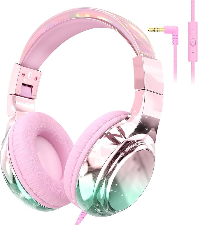 QearFun Kids Headphones Wired with Mic, 85/94dB Safe Volume Limit, Foldable Over Ear, Tangle-Free Cord & Sharing Port, Wired On-Ear Headset for School, Chromebook, Tablet, Travel - Boys & Girls