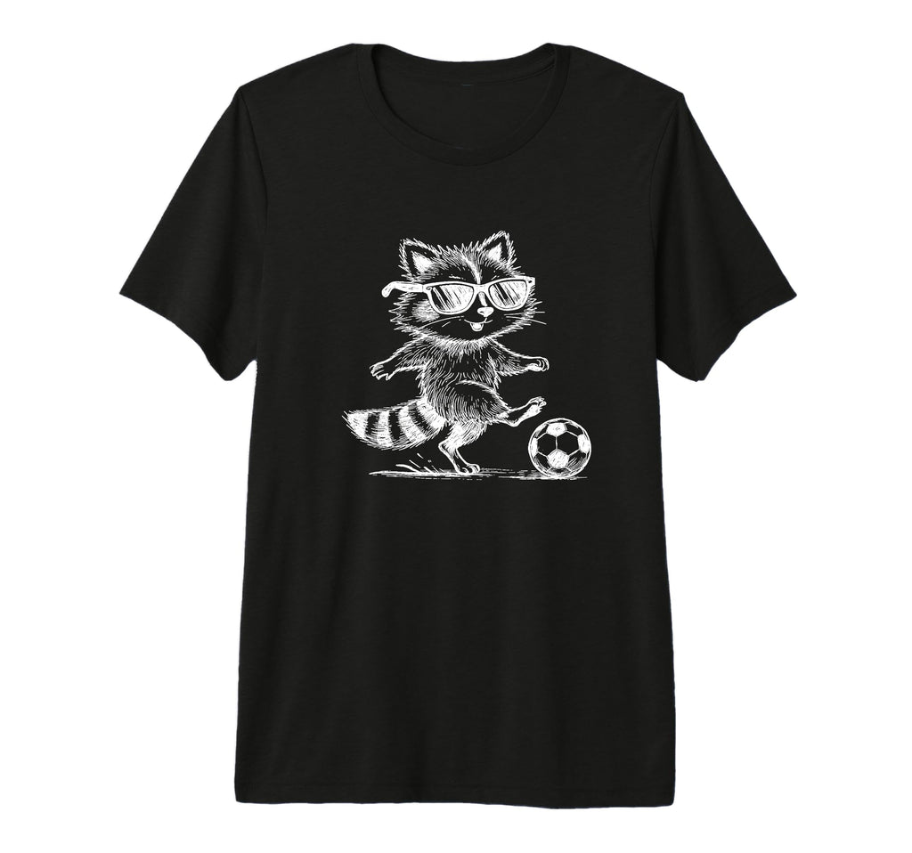 Raccoon Soccer Player Sunglasses Fun T-Shirt - Novelty Apparel for Adults