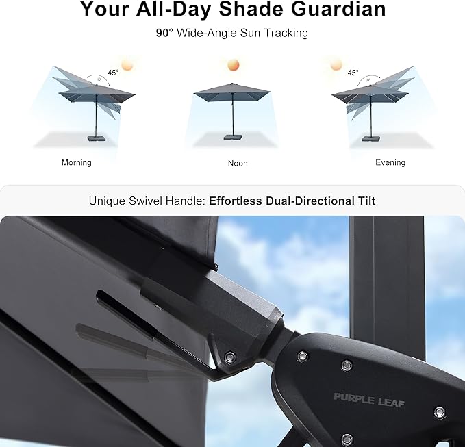 PURPLE LEAF 9' X 12' Right-left Tilt Patio Umbrella with Base Outdoor Cantilever Swivel Rectangle Umbrella Offset Umbrella with 360-degree Rotation for Garden Deck Pool Patio Light Grey