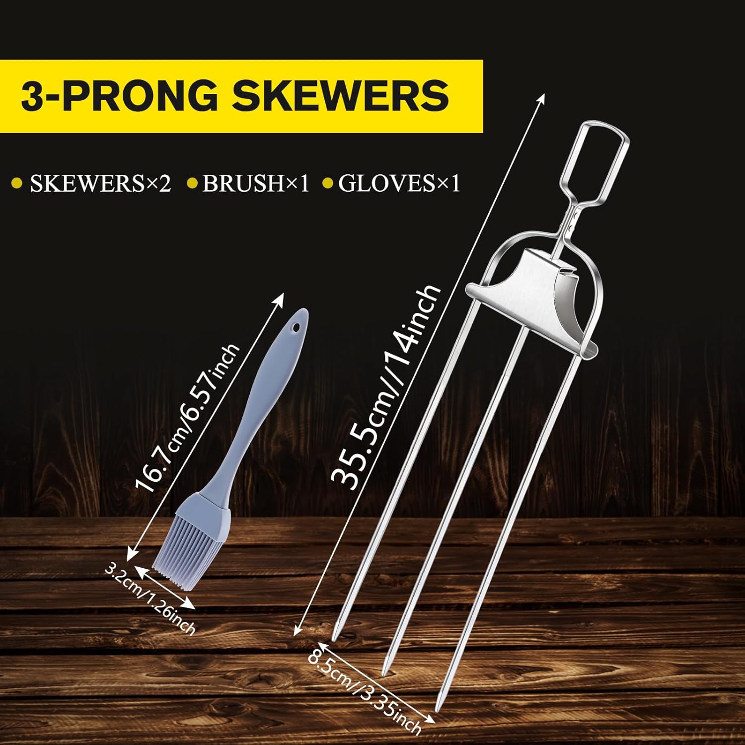 2PCS Kabob Skewers for Grilling, 14'' Stainless Steel Kebab Skewers, 3 Prong Metal Grill Skewer with Push Bar Slider, Skewer Sticks for Meat Veggies Marshmallows Fruits, BBQ Barbecue Accessories