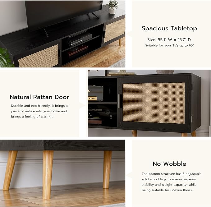 TV Stand for TVs up to 65'', Entertainment Center with Rattan Door, Shelves & 2 Cabinets, Boho Media TV Console for Living Room, Bedroom, Black