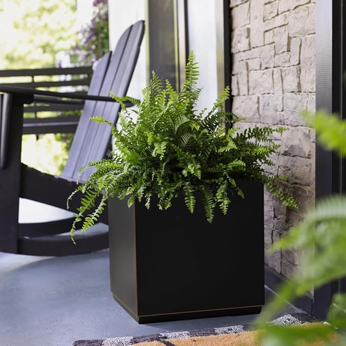Metallic Heavy Cube Planter Box, No Assembly Required, Seamless Large Black Outdoor Planter 17”Lx17”Wx20”H 24Pounds Black with Hand Brushed Gold Rim