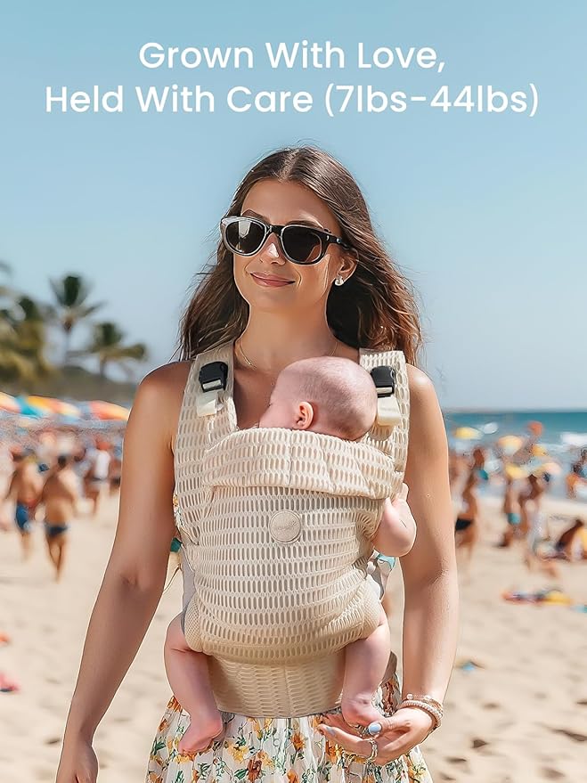 GROWNSY Baby Carrier Newborn to Toddler, Breathable Mesh Carrier(7-44lbs) with One-Click Sliding Clasp, Head Support, Ergonomic Design and Hands-Free Comfort, Almond Beige
