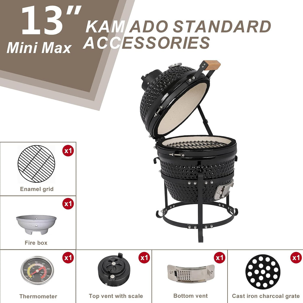 13" Round Ceramic Kamado Charcoal Grill - Heavy-Duty Black Outdoor BBQ Smoker with Heat Retention, Portable Egg Design for Grilling, Smoking, Baking & Roasting (Includes Ash Tool)