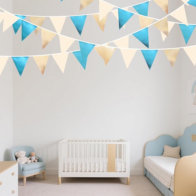 Champagne Gold and Sky Blue Metallic Fabric Triangle Pennant Banner, 32 Feet