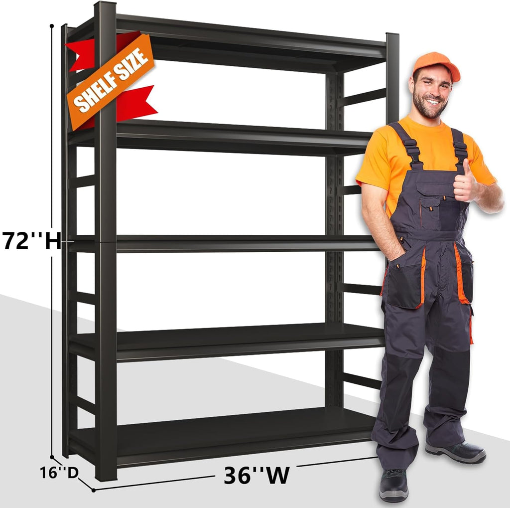 Heavy Duty 5-Tier Garage Shelf Steel Unit 3000lb Capacity | Garage & Basement Storage | Industrial Metal Shelving for Warehouse Workshop | Adjustable Rust-Resistant (72"H x 36"W x 16"D, Black)