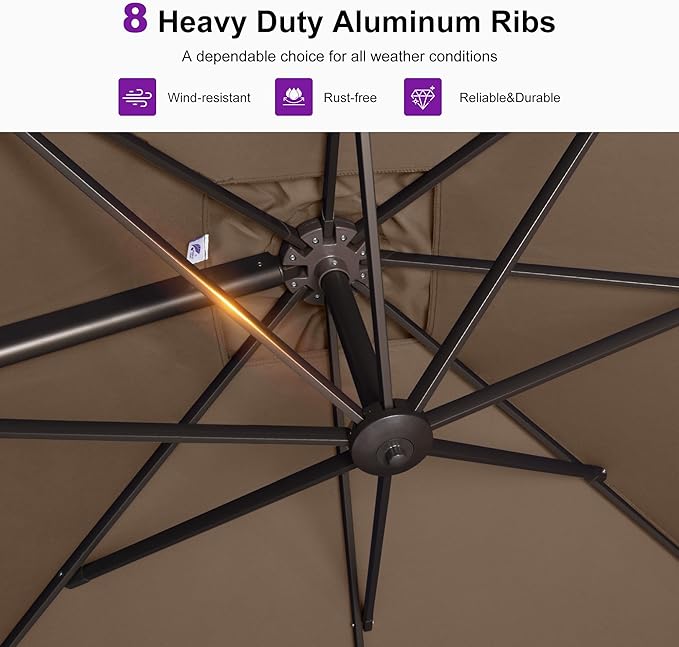 PURPLE LEAF 8 Feet Cantilever Patio Umbrella Square Umbrella with 360° Rotation and Aluminum Offset Hanging Outdoor Umbrella for Pool Garden Backyard Deck, Taupe