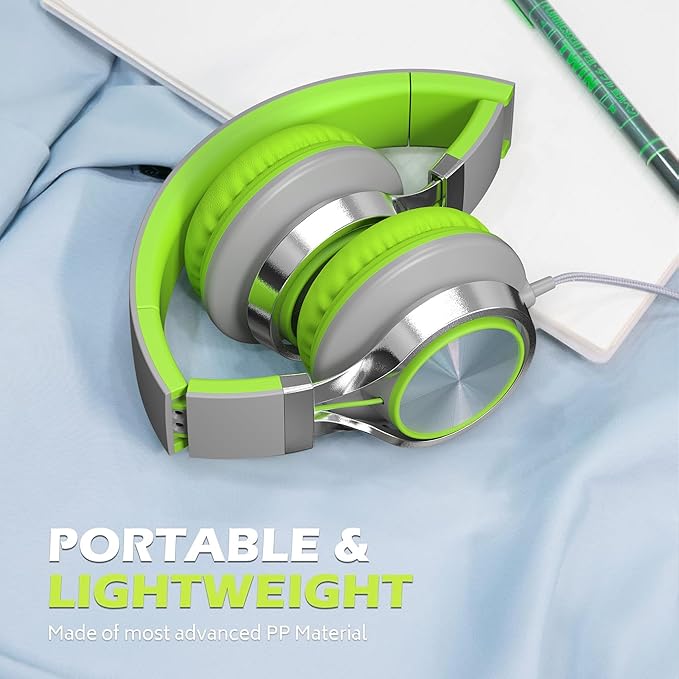 AILIHEN C8 Headphones Wired, On-Ear Headphones with Microphone and Volume Control, Corded 3.5mm Headset for Boys Girl School Smartphones Chromebook Laptop Computer Tablets Airplane Travel (Grey/Green)