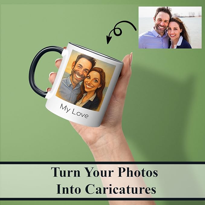 Personalized Coffee Mug, Custom Photo Caricature Gift, Funny Customized Coffee Gift for Men & Women, Custom Mugs with Pictures, Light Green 15oz Customized Ceramic Tea Cup