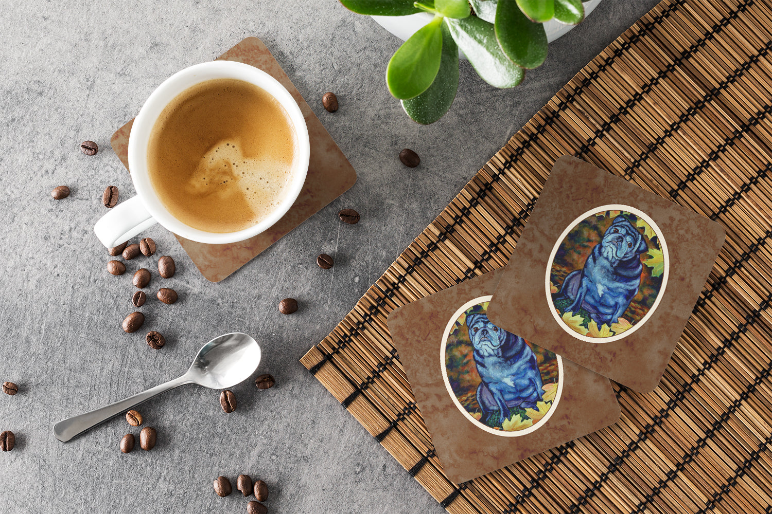 Old Black Pug in Fall Leaves Foam Coasters Set of 4 Cup Coasters for Indoor Outdoor, Tabletop Protection, Anti Slip, Mouse pad Material