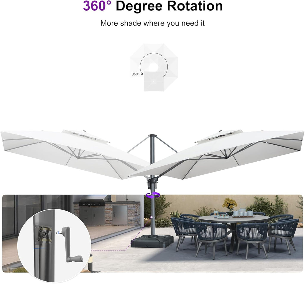 PURPLE LEAF Cantilever Umbrella 12 Feet Outdoor Square Double Top Large Offset Hanging 360° Rotation Heavy Duty Umbrella for Garden Patio Deck Pool Backyard Canvas Natural