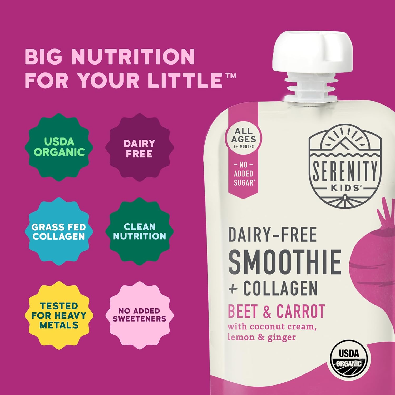 Serenity Kids Organic Beet & Carrot Smoothie Pouch, Grain-Free, Dairy-Free, 3.5 oz, Pack of 6