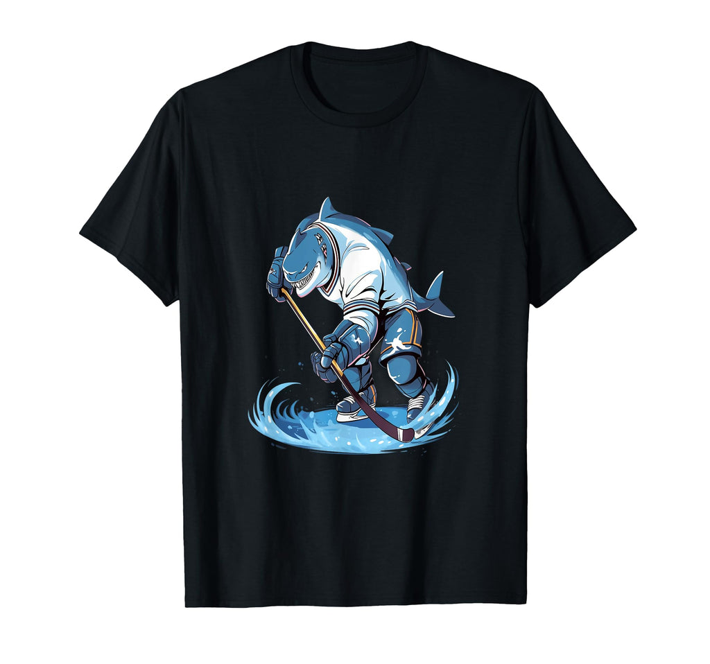 Shark Ice Hockey Player Hockey Stick T-Shirt - Streetwear Style for Adults