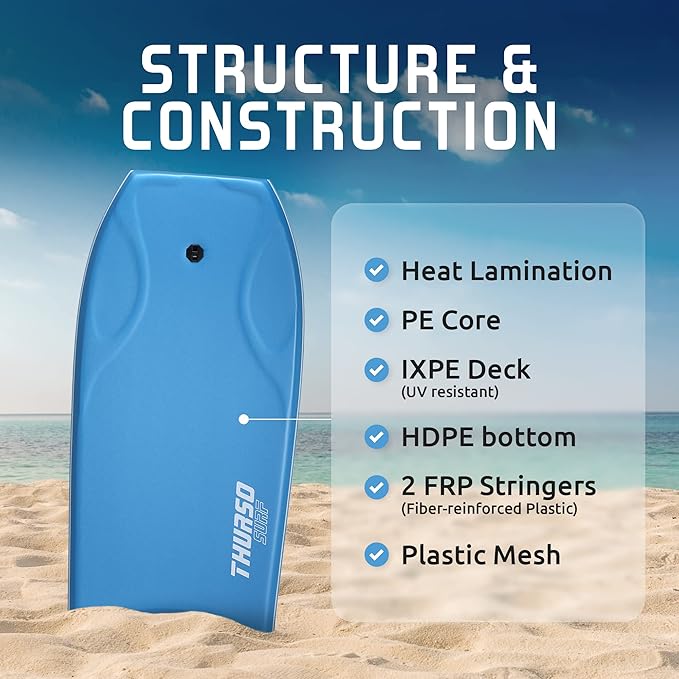THURSO SURF 42'' Body Boards for Beach Pool Lightweight PE Core IXPE Deck HDPE Bottom FRP Stringers High Performance Body Board with Double Swivel Surf Leash and Bodyboard Bag Lightning