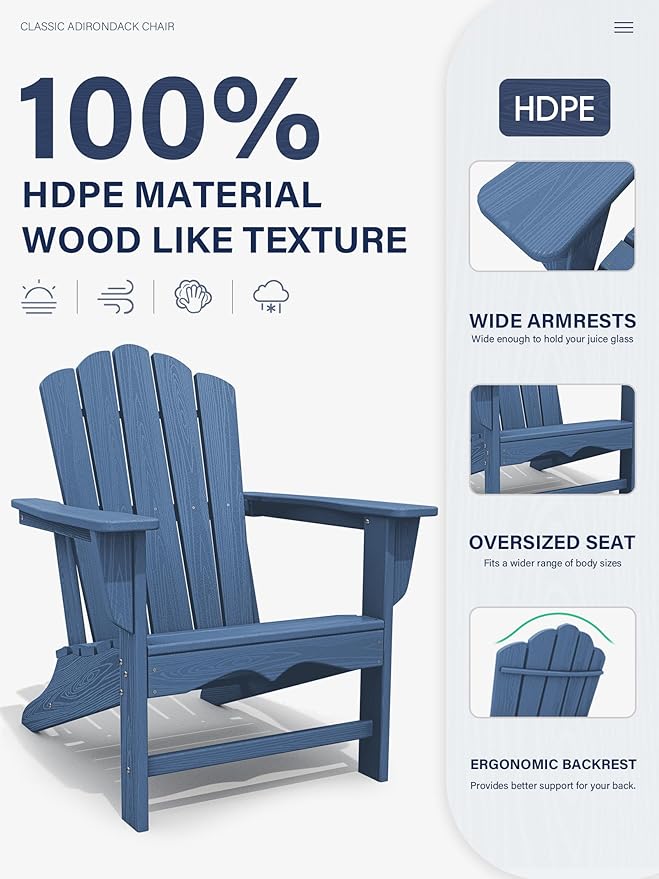 KINGYES HDPE Adirondack Chair, Classic All-Weather Adirondack Chairs Set of 6, Outdoor Patio Adirondack Chair for Deck Lawn fire Pit, Navy