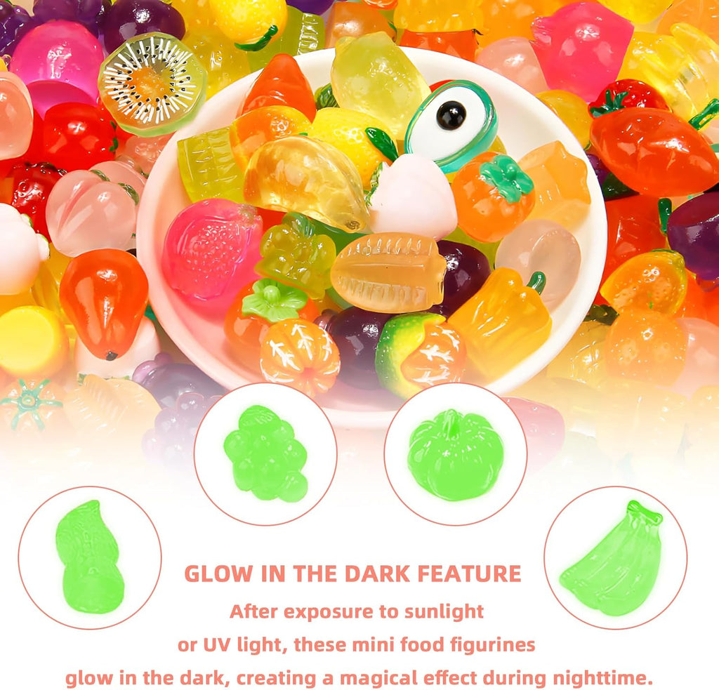 60 pcs Mini Luminous Fruits Vegetables Figurines, Resin Tiny Artificial Fruit Vegetables Glow in The Dark, Fake Miniature Food Decoration for DIY Art Crafts Miniature Landscapes Garden Home