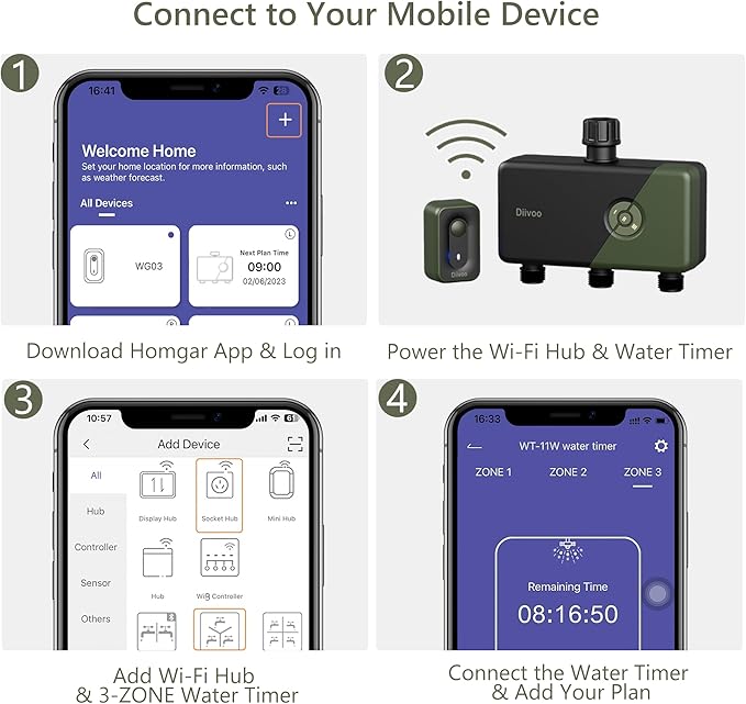 Diivoo Smart Water Timer 3 Zone, WiFi Sprinkler Hose Timer Compatible with Alexa and Google, Remote Control Irrigation Timer, Automatic Manual Watering, Rain Delay, for Garden, Lawns and Yards