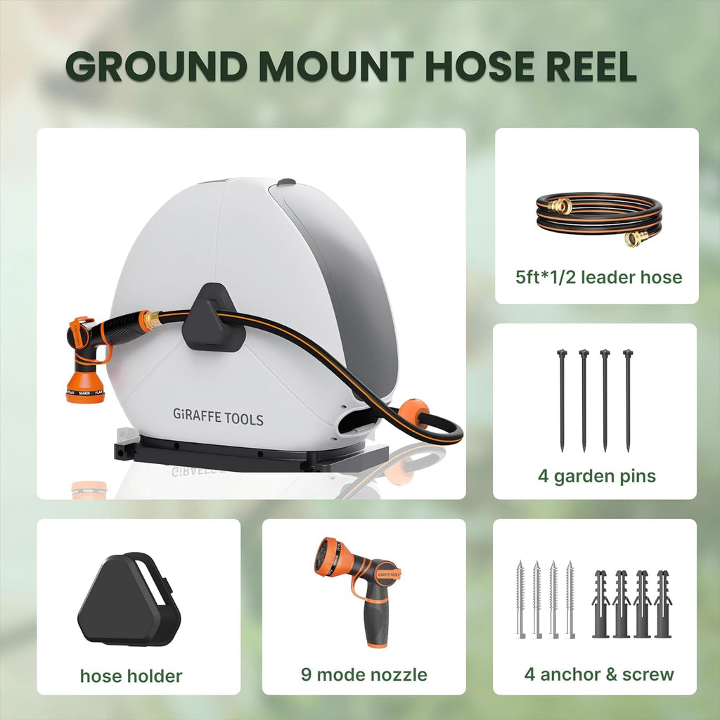 Giraffe Tools Retractable Hose Reel with 1/2 Inch x 100FT, Heavy Duty Ground Mount Garden Hose Reel, Automatic Rewind,with 9-Function Sprayer Nozzle & Flexible Swivel Base