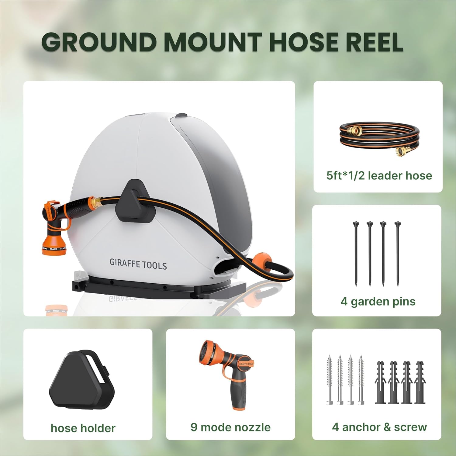 Giraffe Tools Retractable Hose Reel with 1/2 Inch x 100FT, Heavy Duty Ground Mount Garden Hose Reel, Automatic Rewind,with 9-Function Sprayer Nozzle & Flexible Swivel Base