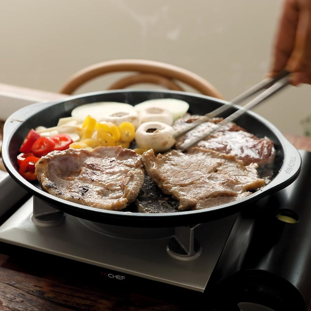 TECHEF - KBBQ Ultimate Set with Korean BBQ Grill Pan, Agni Portable Gas Stove Burner, Carrying Bag, 4 pack Butane Gas, Scissors, Made in Korea