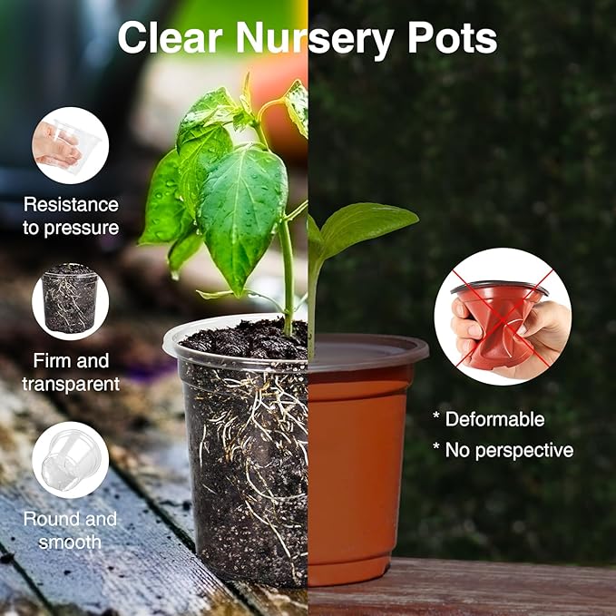 Bonviee Nursery Pots for Plants, 30-Pack 5-Inch Plastic Seedling Pots with Drainage Holes, and 10 Plant Labels, Ideal for Seed Starters and Flowers -Clear