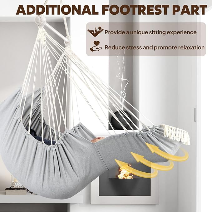Chihee Hammock Chair Hanging Chair with Foot Rest 2 Cushions Max 500lbs Robust Metal Spreader Bar Collapsible Easy Storage Soft Cotton Swing Chair Strong Strap Iron Carabiner Side Pocket Included