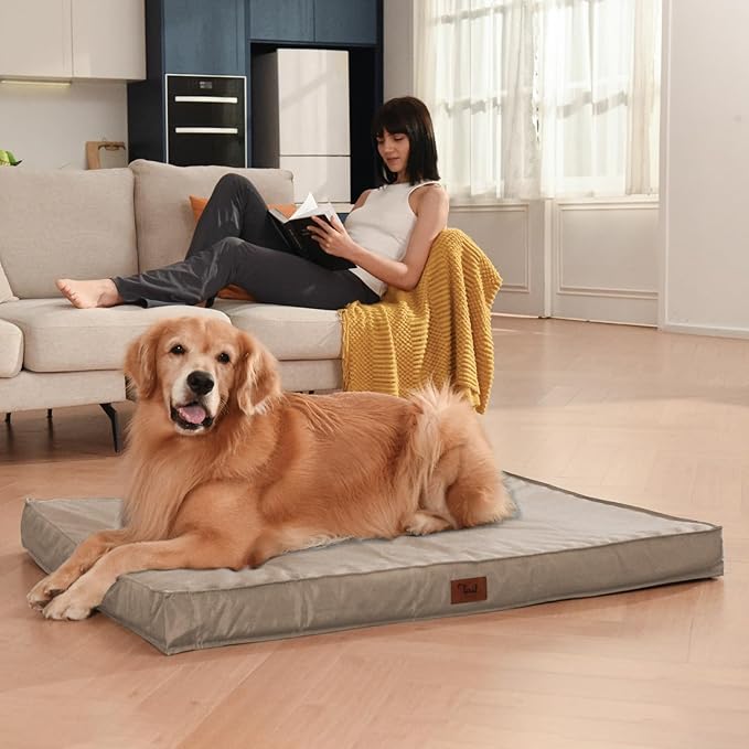 Orthopedic Dog Bed for Large Dogs, Waterproof Dog Bed Washable Pet Bed for Large Sized Dogs with Egg Crate Foam Pet Mat, Removable Oxford Cover, Khaki