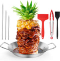 Stainless Steel Al Pastor Skewer & Gyro Pan for Grill – BBQ Vertical Skewer Pan Set with 3 Removable Spikes (8”/10”/12”), Brushes & Tongs, Brazilian Spit Stand for Tacos, Shawarma, Kebabs, Oven