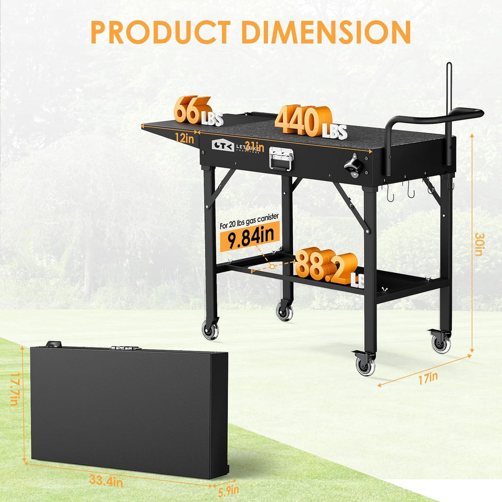 Leteuke Grill Cart for Blackstone Griddle, Portable Outdoor Grill Table, Foldable Cart Table with Wheels for Ninja, Griddle Stand Fit 17 Inch Or 22 Inch, BBQ Prep Tables with Seasoning Tray