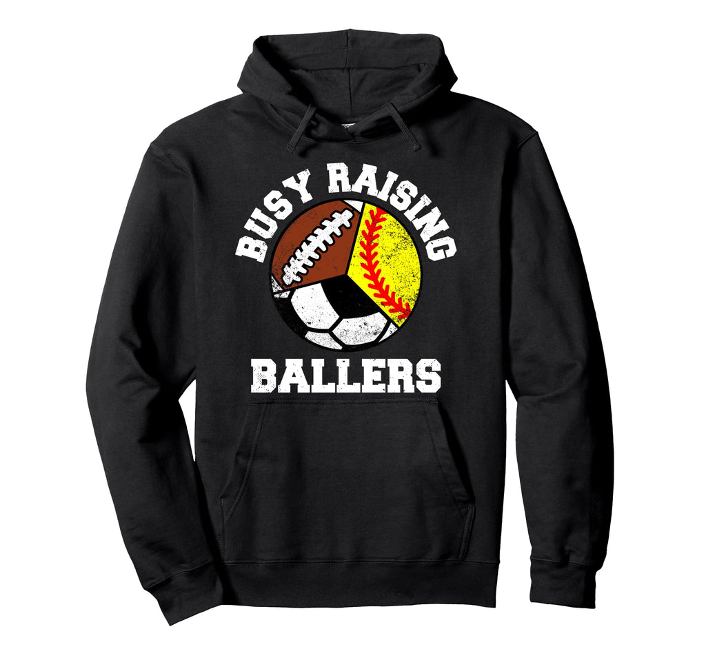 Busy Raising Ballers Funny Softball Hoodie - Fun Novelty Design for Adults