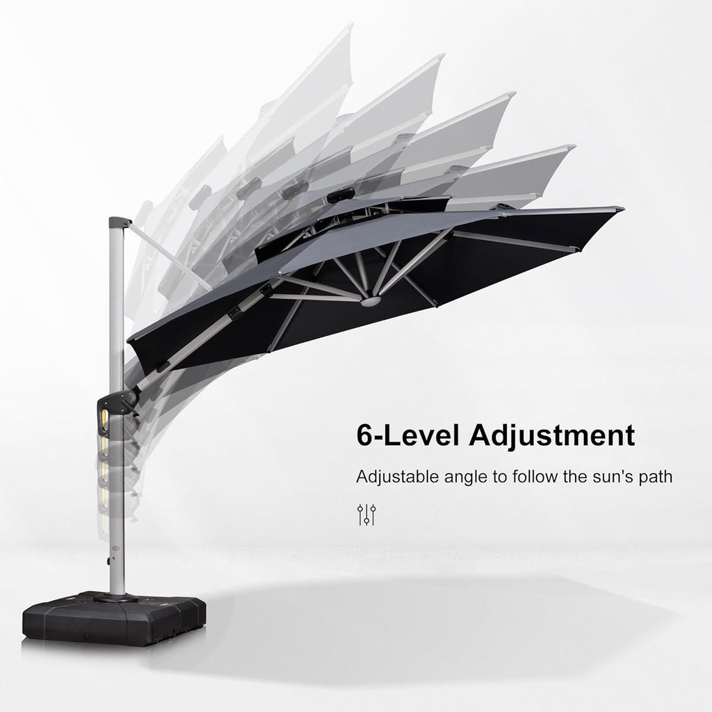 PURPLE LEAF 11ft Patio Umbrella With Base Solar powered LED Cantilever Umbrella with LED lights Windproof Outdoor Offset Umbrella for Garden Deck Pool Patio, Grey
