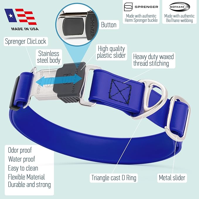 Dogline Biothane Waterproof Dog Collar with Herm Sprenger Black Stainless Steel Quick Release Buckle – Heavy Duty Tactical Durable Collar for Dogs – Comfortable and Safe Pet Collar, W 1" L 15-25"