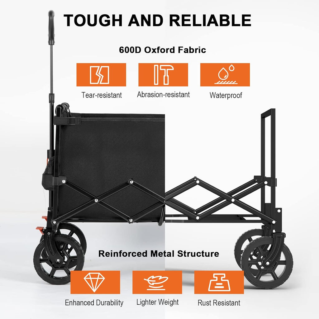 Navatiee 140L Wagon Cart Foldable, Large Capacity Collapsible Wagon with Smallest Folding Design, Utility Grocery Cart for Camping Shopping Sports, Black