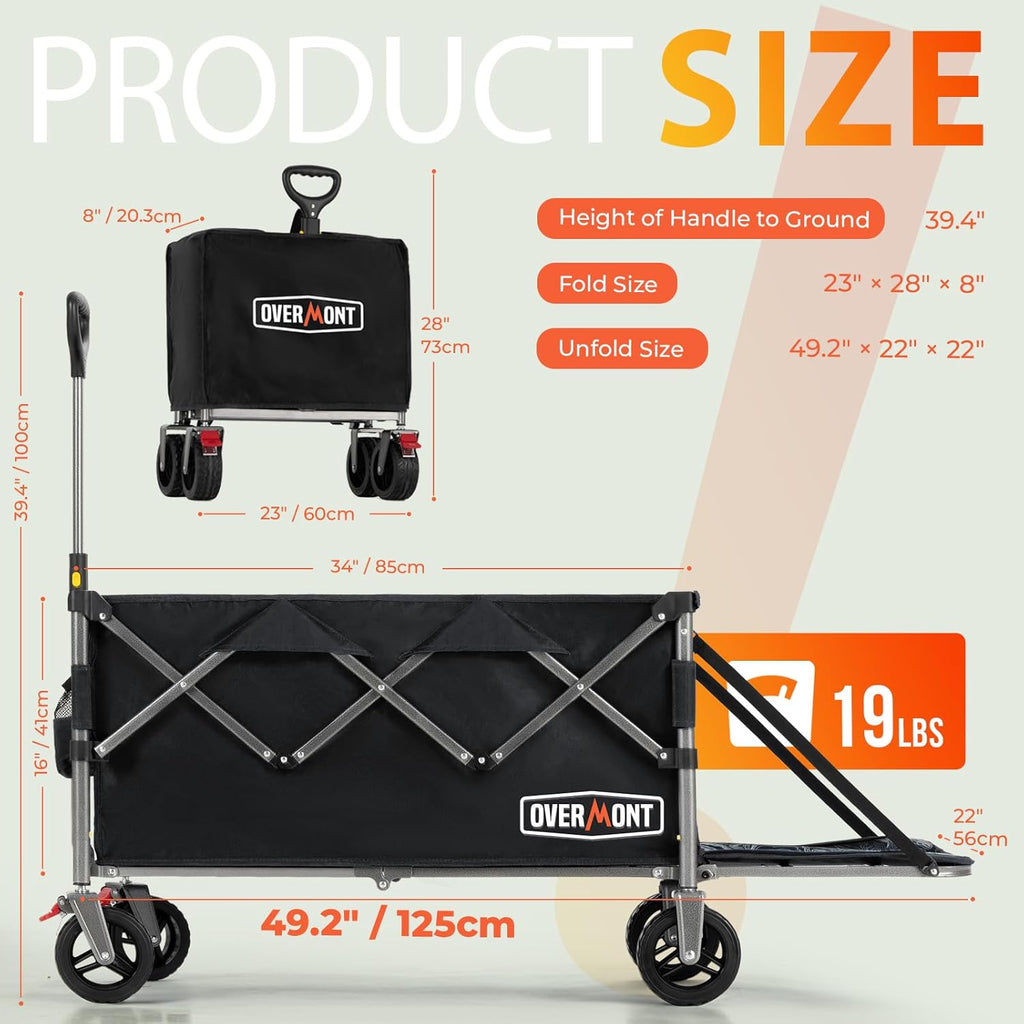 Overmont Collapsible Wagon with Tailgate - 49.2" Extended Heavy Duty Foldable Utility Wagon Folding Cart with All-Terrain Wheels for Outdoor Camping Sports Garden Beach Grocery - 300lbs Support