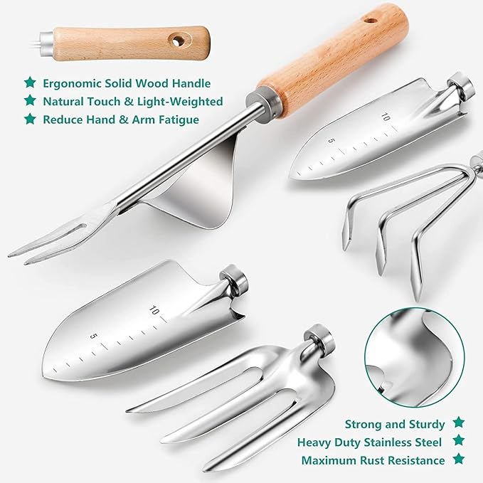 Gardening Tools 9-Piece Heavy Duty Gardening Hand Tools with Fashion and Durable Garden Tools Organizer Handbag,Rust-Proof Garden Tool Set, Ideal Gardening Gifts for Women