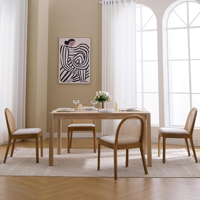 Mid Century Dining Chairs Set of 2, Accent Rattan Linen Fabric Side Chairs Kitchen Chair with Solid Wooden Legs for Living Room Dining Room, Beige