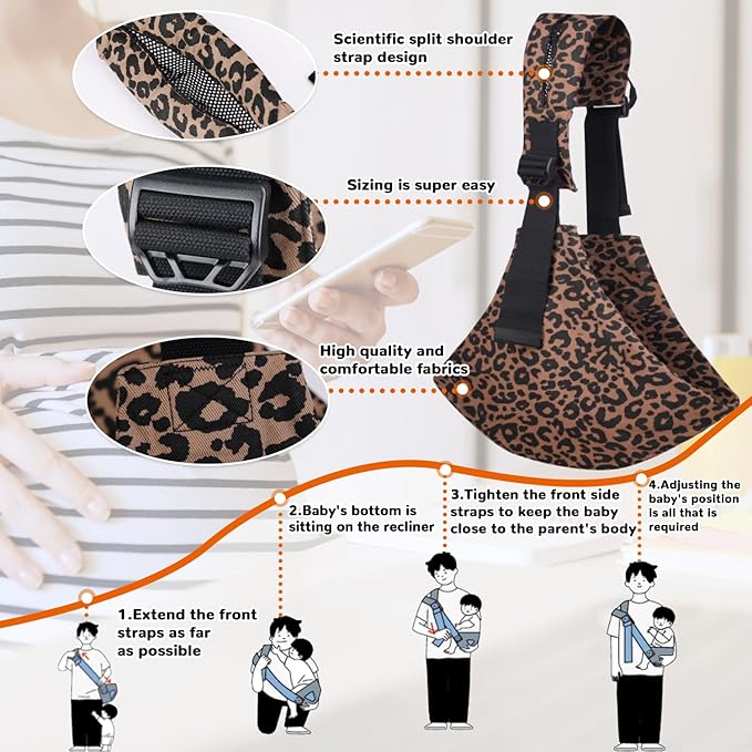 Baby Sling Carrier Adjustable Baby Sling 2025 Upgraded Toddler Sling Comfortable Baby Wrap Carriers Ergonomic-Designed, Travel Friendly Carrying 10-45 LbsLeopard