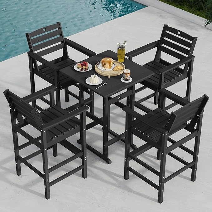 Tall Adirondack Chairs Set of 2, HDPE Wood Balcony Adirondack Chairs Set with Heart Cutout Design, Weather-Resistant Bar Height Furniture for Deck, Porch, Pool (Black)