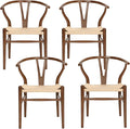 Wishbone Chair Natural Solid Wood Dining Chair/Hans Vegner Y Chair Rattan and Wood Accent Armrest Chairs Set of 4 (Ash Wood - Walnut)